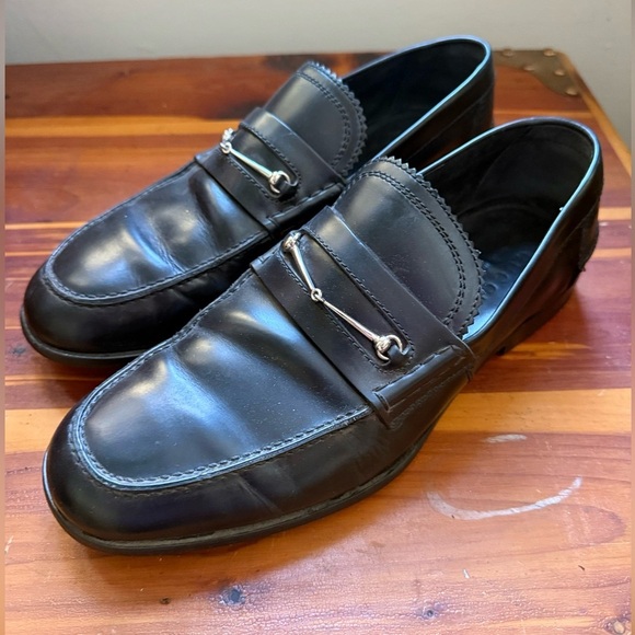 GUCCI 286771 Men’s Black Leather Silver Horsebit Slip On Loafers 7 Made in Italy - Picture 3 of 11